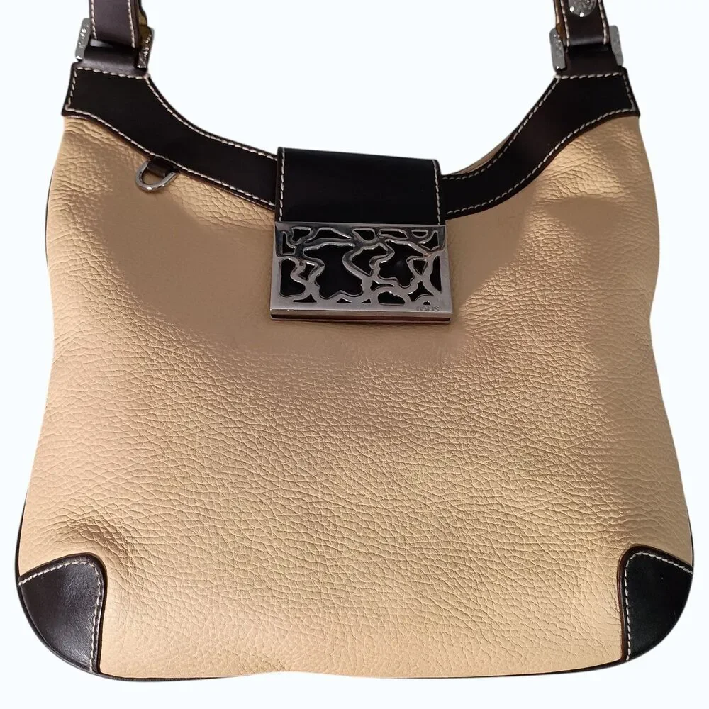 Tous Hobo Shoulder Bag Brown Yellow Leather Silver Logo